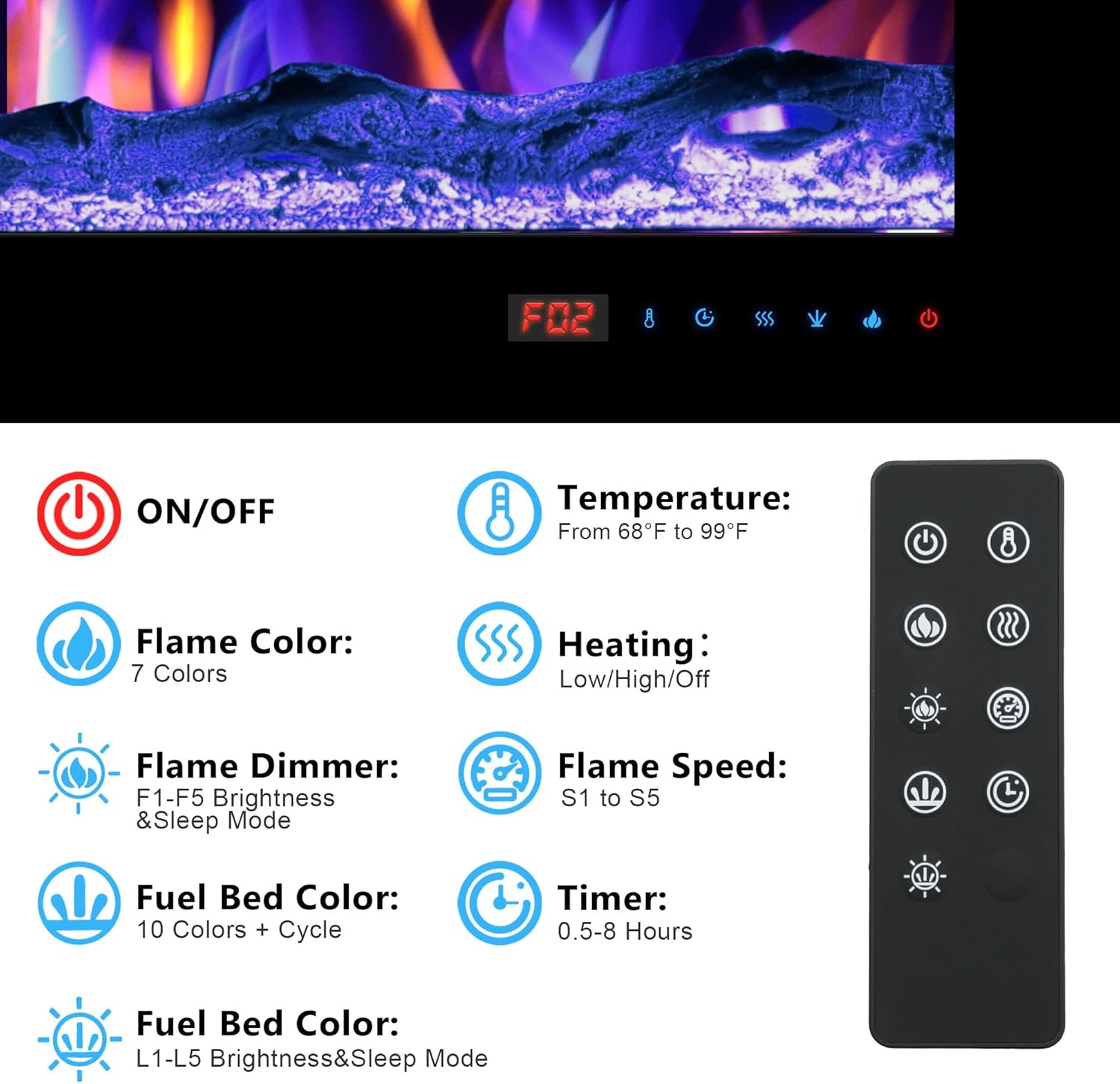 48" Electric Fireplace, Wall Mounted & Insert Electric Fireplace, W/Mixed Color Flame, Adjustable Brightness & Speed, 0-8H Timer, Thermostat, 750w/1500w, Balck