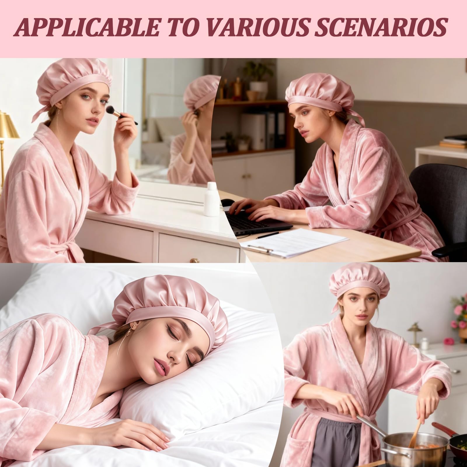 Berretto da Notte in Seta 22 Momme 100% Seta di Gelso, Cuffia Setas Capelli Ricci, Donna Berretto Da Notte Raso, Morbido e Confortevole, Traspirante, per Capelli Corti(M/Rosa
