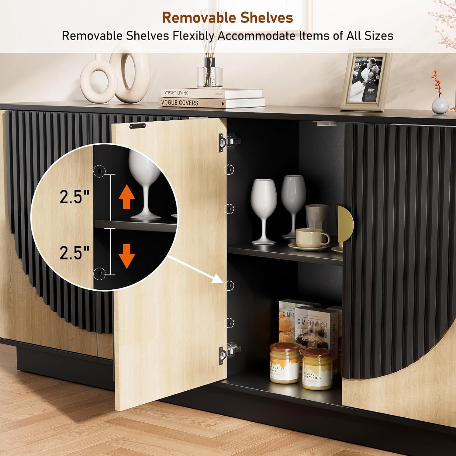 63'' Large Fluted Sideboard Buffet Cabinet, Modern Entertainment Center with Storage, TV Stand Wine Bar Storage Cabinet with 4 Doors for Dining Room(Camel/Black)