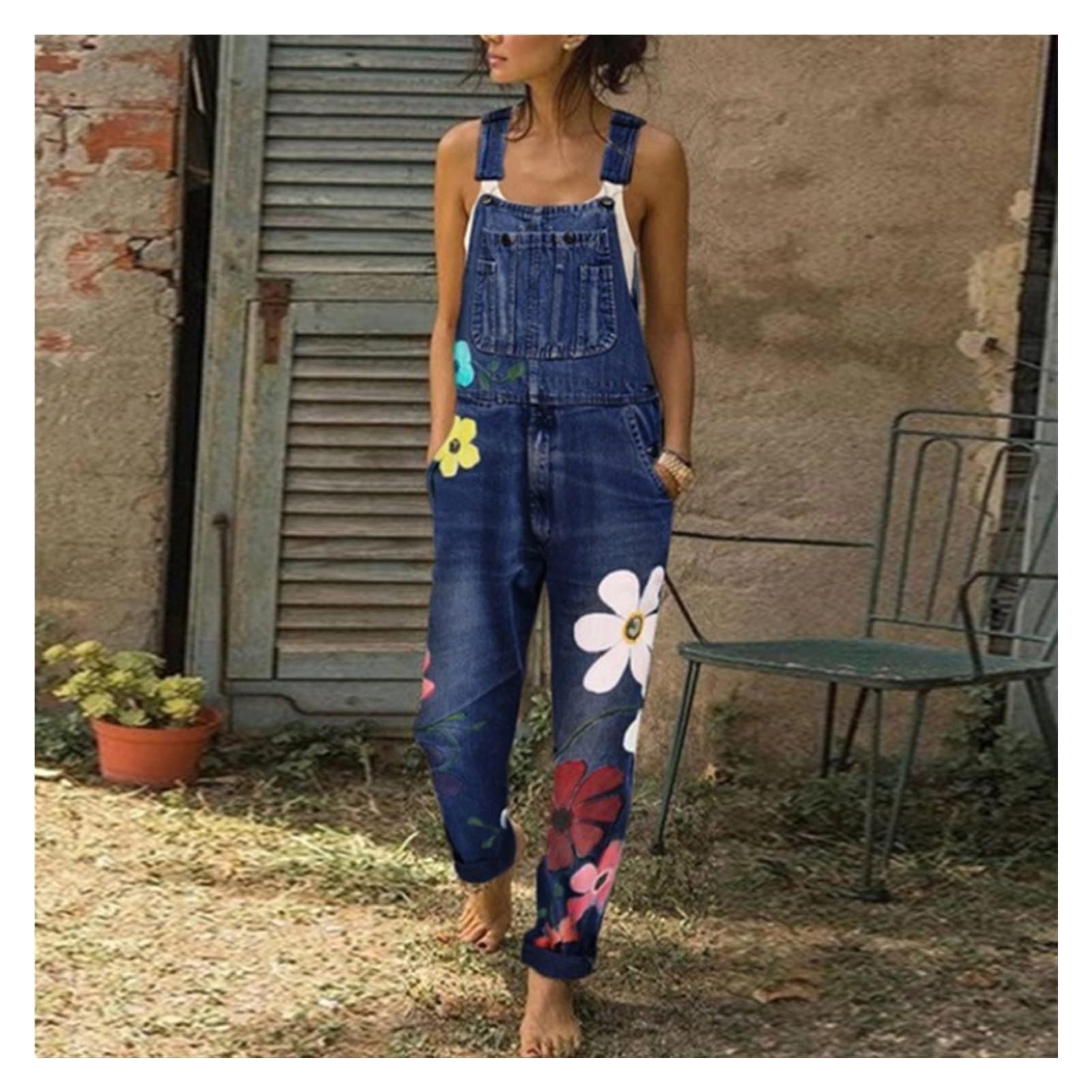 Salopette en jean pour femme, combinaison vintage ample, combinaison florale en denim, barboteuse, salopette verte