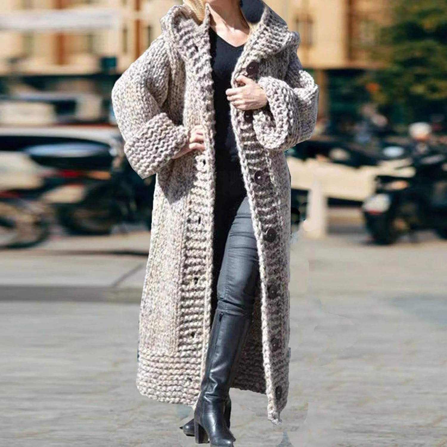 SACFOF Women Hooded Open Front Cardigan Cable Knit Sweaters Winter Solid Color Chunky Button Long Sweater Coats - Image 2