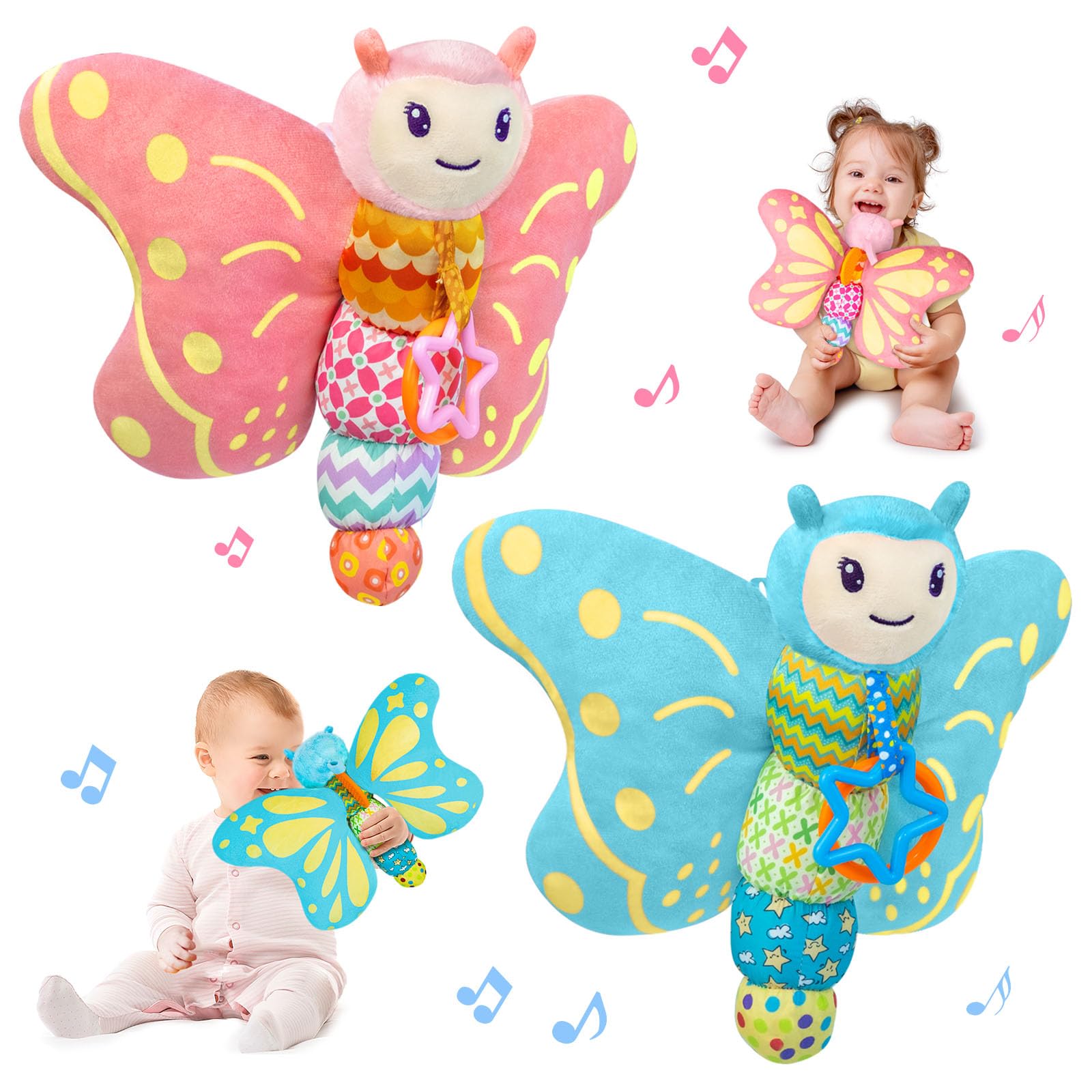 VOILBTOY Blue & Pink Butterfly Toys,Baby Toys 0-6 Months,Infant Musical Sensory Stuffed Animal with Squeaker,Rattle,Crinkle Wings,Teether & Hanging Ring