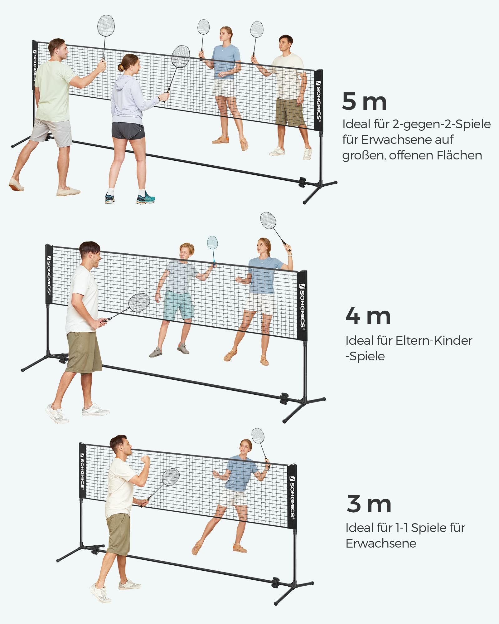 SONGMICS 300 cm/400 cm/500 cm Badmintonnetz, Volleyballnetz, höhenverstellbare Stangen, tragbares Set für Tennis, Beach-Volleyball, für Garten, Park, Outdoor