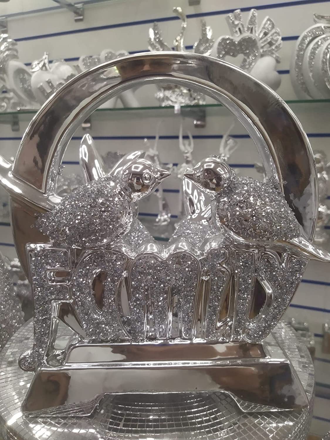 DEENZ Crushed Crystal Diamond Silver Family Sign With Birds Ornament Home Decor Shelf Sitter