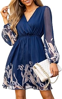 Women's Mini Dresses Casual Spring V Neck Chiffon Long Peasant Sleeves Flowy Summer Dress - Buy now