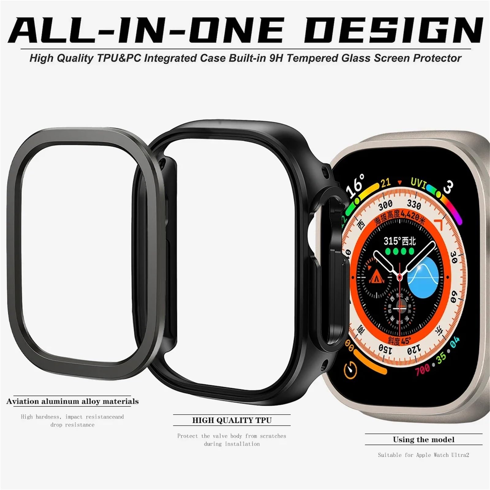 CZKE 2-in-1-Schutzhülle aus Aluminiumlegierung und TPU für Apple Watch, 49 mm, 45 mm, 41 mm, Metallschutz für iWatch Ultra 2, Serie 9, 8, 7, 44 mm, Grau