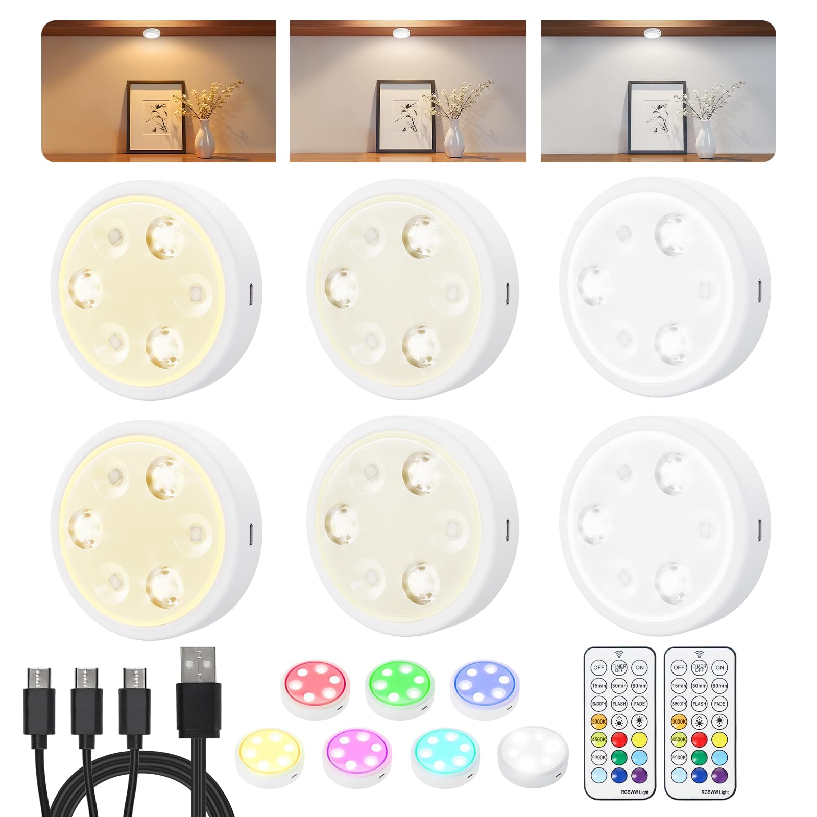 Luce LED Sottopensile, 2000 mAh Ricaricabile Luce LED con Telecomando, RGB e 3000K/4500K/6000K Luce Sottopensile, Dimmerabili Magnetiche Luce Sottopensile per Armadio Cucina Corridoi Scale