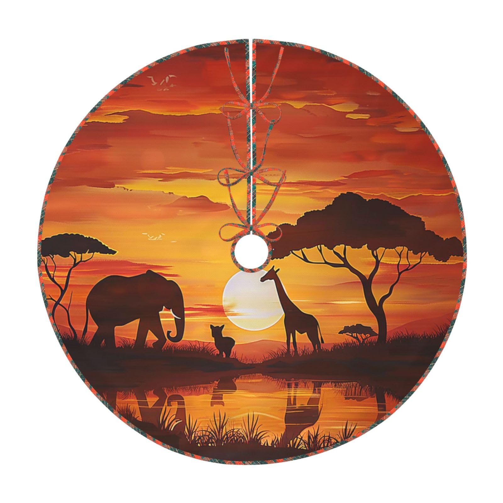 Elephant and Giraffe in The Sunset Printed Imitation Linen Christmas Tree Skirt with Lattice Bandage, Xmas Tree Cover Mat for Christmas New Year Party Home Decor, 30 inch