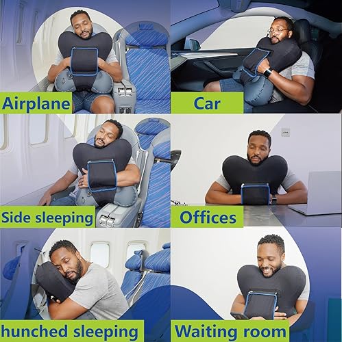 Miniatura 4 de HEYDNA X-Travel Pillow - Almohada inflable de viaje con bolsillos para los brazos, funda extraíble, compacta para avión, automóvil, tren, soporte