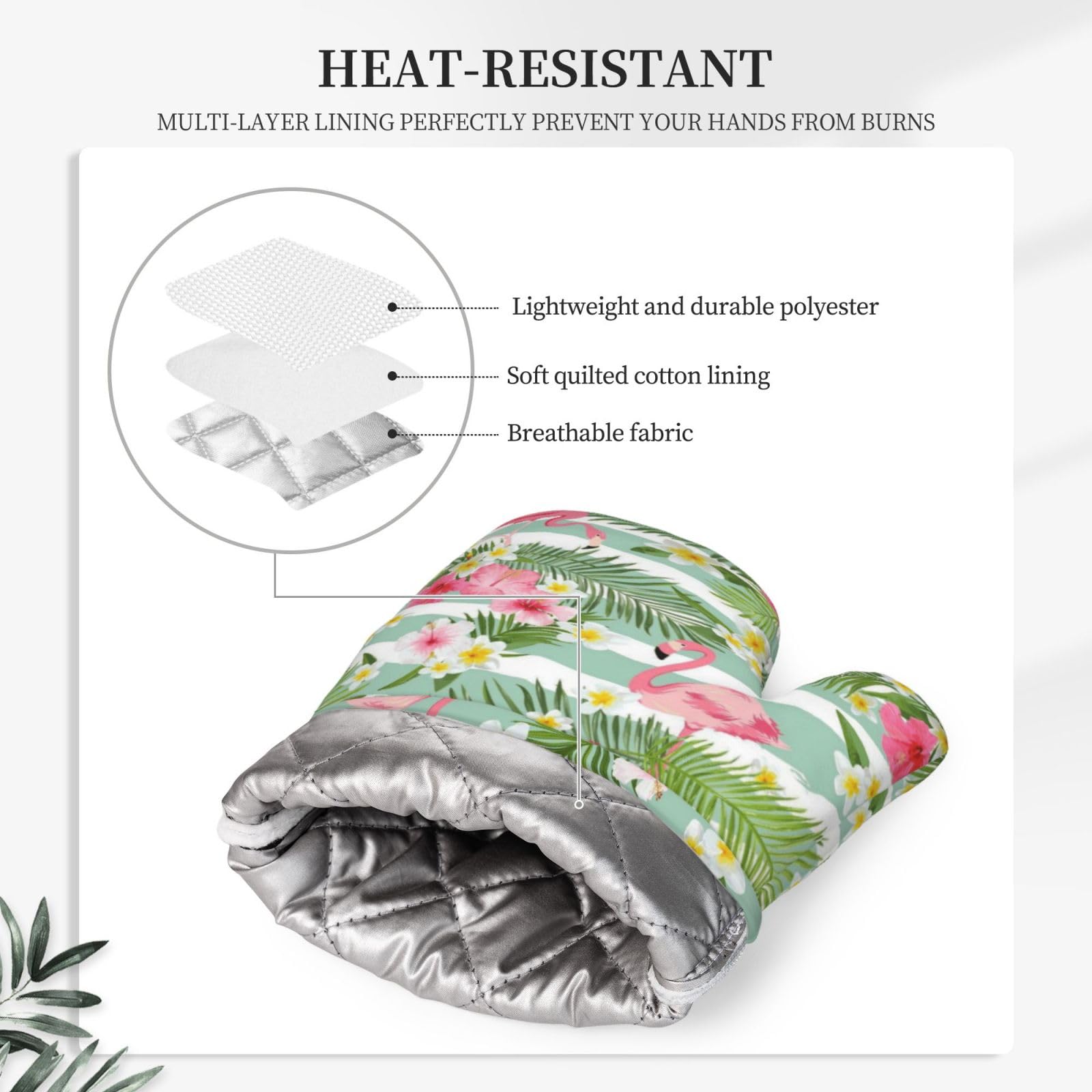 Lot de 4 maniques et maniques flamant rose | Moufles de cuisine en silicone motif feuilles tropicales vertes rayées roses pour cuisine, chef, grillades