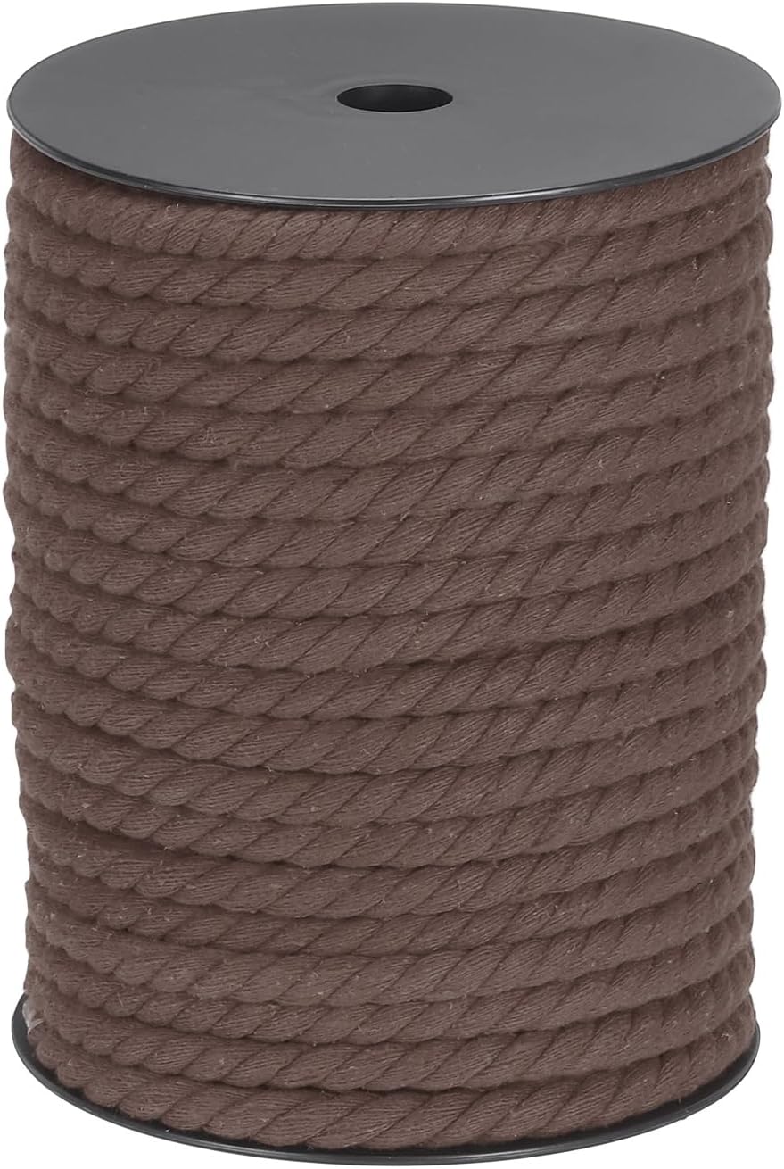 MECCANIXITY Cotton Rope 3 Strand Twisted Braided Rope Cord, Dark Brown 8mm x 131ft Craft Rope Cord Cotton for Wall Hanging, Plant Hanger, Knitting, Macrame Knotting