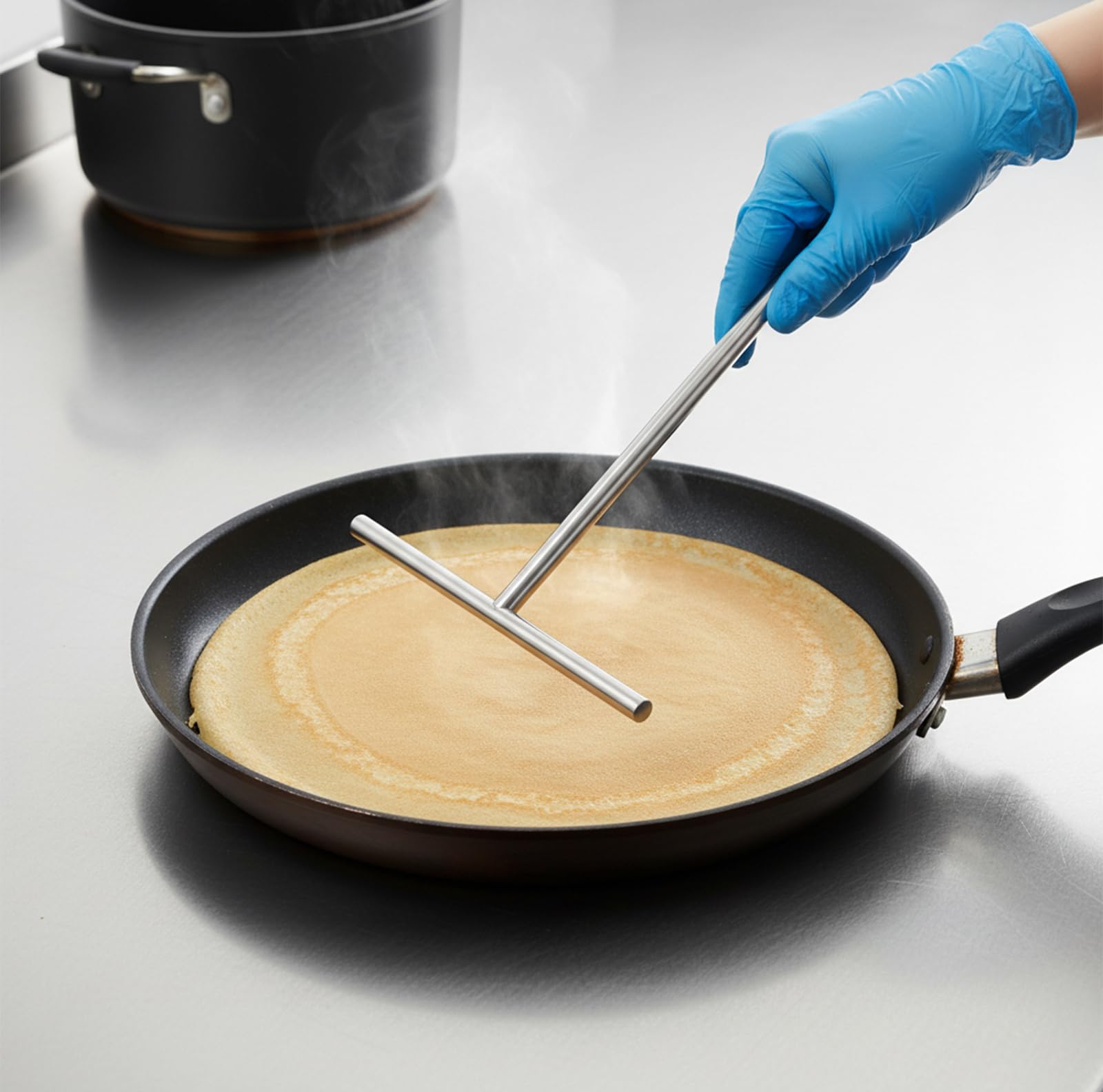Distribuidor de crepes, rastrillo redondo de acero inoxidable, 26 x 18,5 cm, distribuidor de masa, distribuir uniformemente la masa con mango largo para crepes y tortitas y tartas de huevo