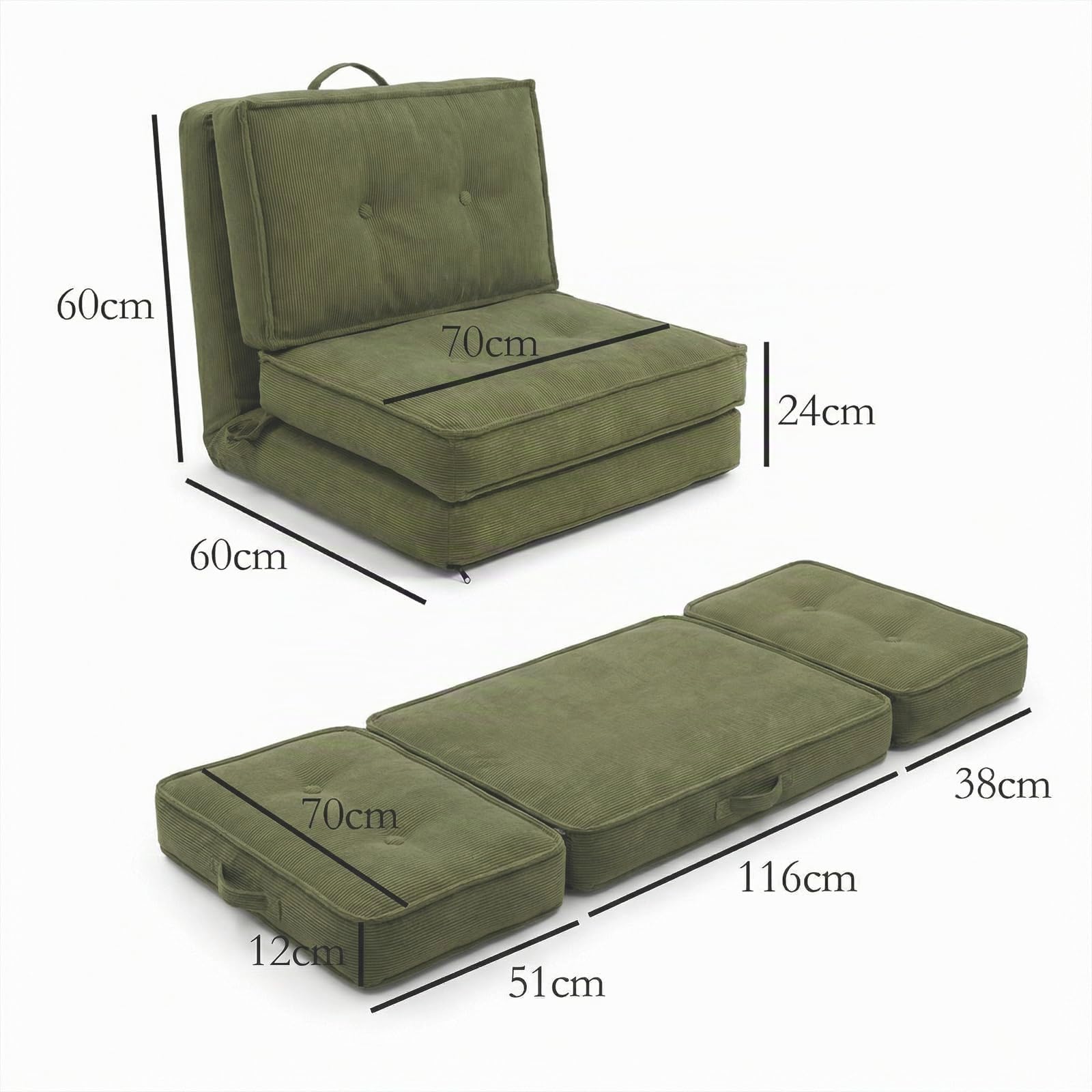 Fabulcozy,Sofá cama Convertible 4 en 1, respaldo de 5 posiciones, pana 8 revestimientos, marco de hierro resistente, asa y correas, versátil para salón u oficina, verde Chiaro