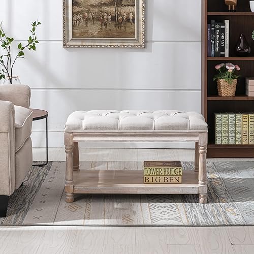 Miniatura 11 de Banco de almacenamiento de madera para entrada, banco otomano tapizado de lino con botones con patas negras para dormitorio, extremo de la cama, 45