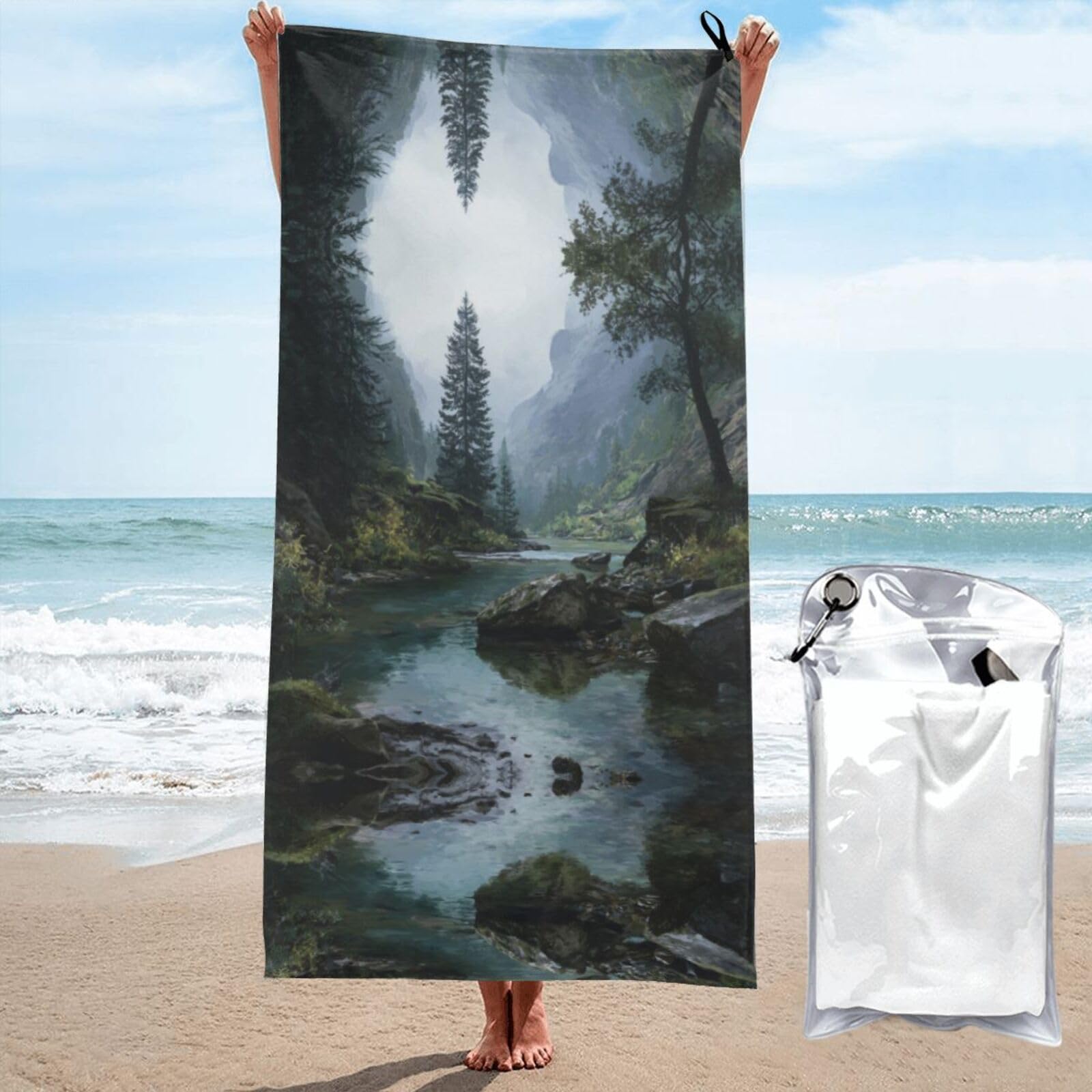 ESNAIUVCD River Scenery Print Beach Towel, Microfibre Sauna Towel, Quick-Drying Fitness Towel, Lightweight And Thin Portable Sauna Towel
