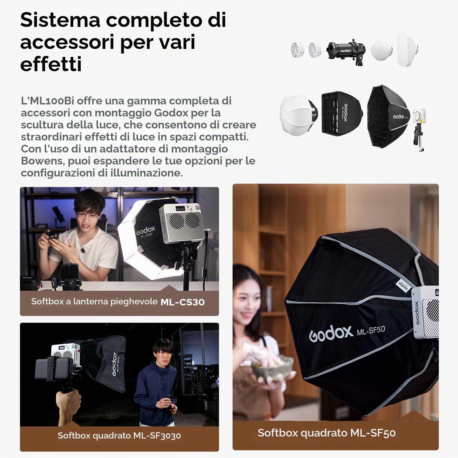 Godox ML100Bi Kit1 Luce video LED tascabile 120W Luce di riempimento bicolore per fotografia 2800K-6500K CRI97+ TLCI98+ Controllo APP 11 Effetti di luce Supporto Godox