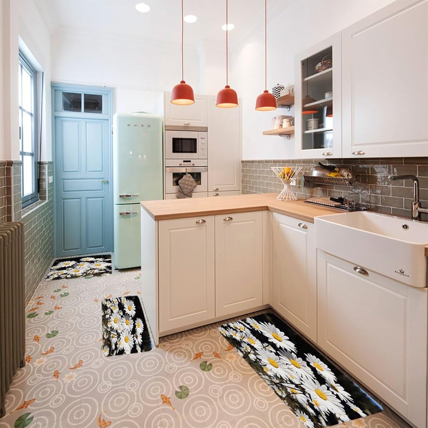 White Daisy Kitchen Mats Soft Absorbent Rugs for Floor Non Slip Washable Kitchen Mats Fashion Rectangular Rugs for Three-Piece Set for Laundry Office Home Sink