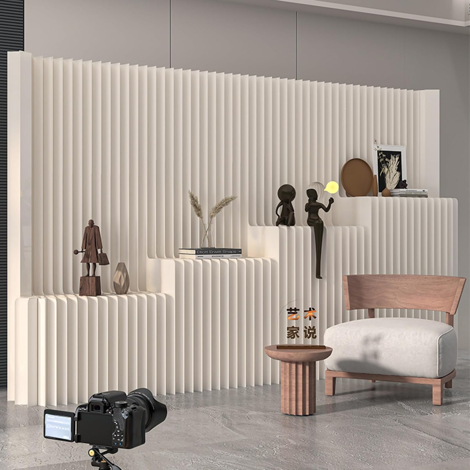 Foldable Paper Room Divider with Steps Four Tiered Display Shelves,Portable Creative Space Partition for Handbags Artwork,Multi-Functional Organizer for Home,Office Public Areas (H87in*L118.1in