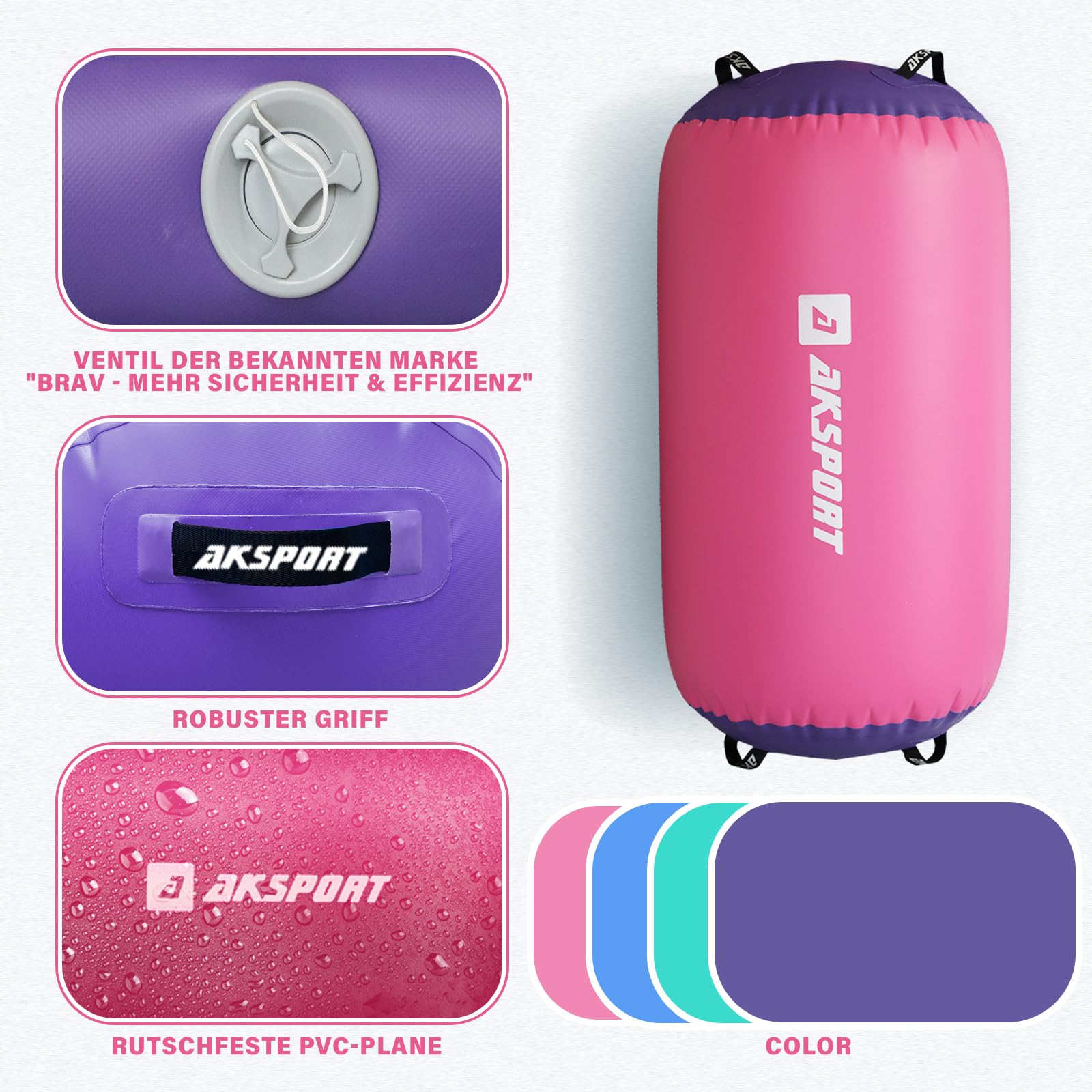 AKSPORT Air Roll Ginnastica Artistica Rullo d'aria da ginnastica con pompa ad aria per uso domestico/yoga/cheerleading/tumbling/back walkover