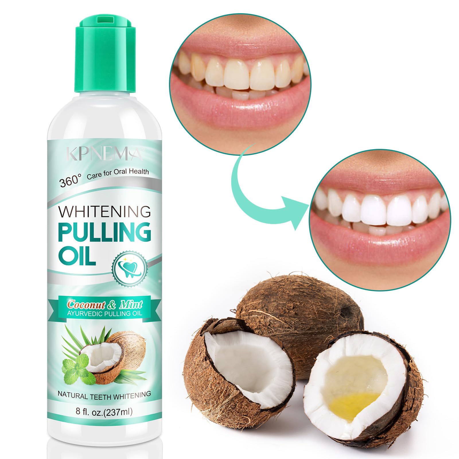 KPNEMA Coconut Mint Oil Pulling Mouthwash, Natural Coconut Oil Mint Mouthwash Keeps Breath Fresh Suitable for Dates and Daily Oral Care, White Teeth & Healthy Gums (8 Fl Oz (Pack of 1))