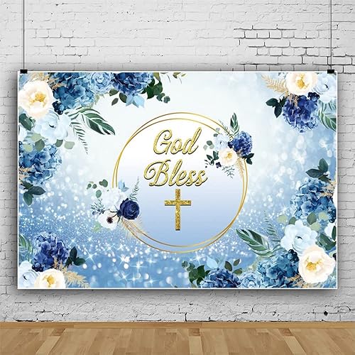 Miniatura 2 de Telón de fondo de 7 x 5 pies, decoración de primera comunión, flor azul, purpurina dorada, cruz, bautizo, fiesta, pastel, decoración de mesa,