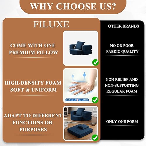 Miniatura 4 de FILUXE Sofá plegable convertible  Mesa de centro moderna de tela de lino, sofá plegable para suelo y futón, silla que ahorra espacio con almohada