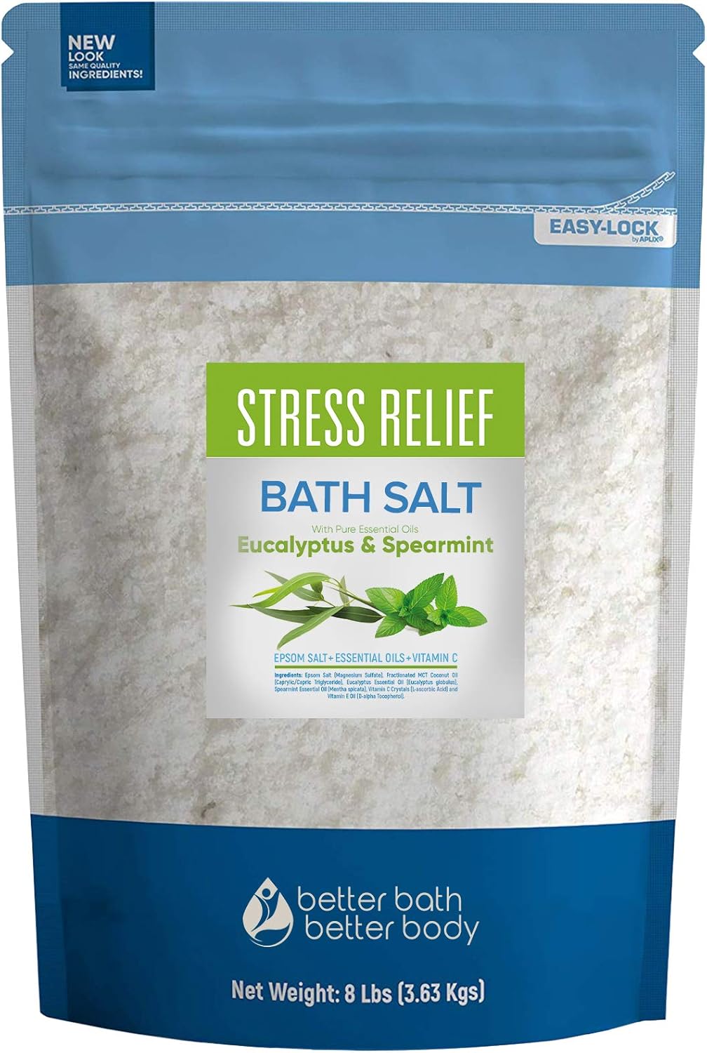Stress Relief Bath Salt 128 Ounces Epsom Salt with Natural Spearmint and Eucalyptus Essential Oils Plus Vitamin C in BPE Free Pouch with Easy Press-Lock Seal Stress Relief Bath Salt 128 Ounces Epsom Salt with Natural Spearmint and Eucalyptus Essential Oils Plus Vitamin C in BPE Free Pouch with Easy Press-Lock Seal