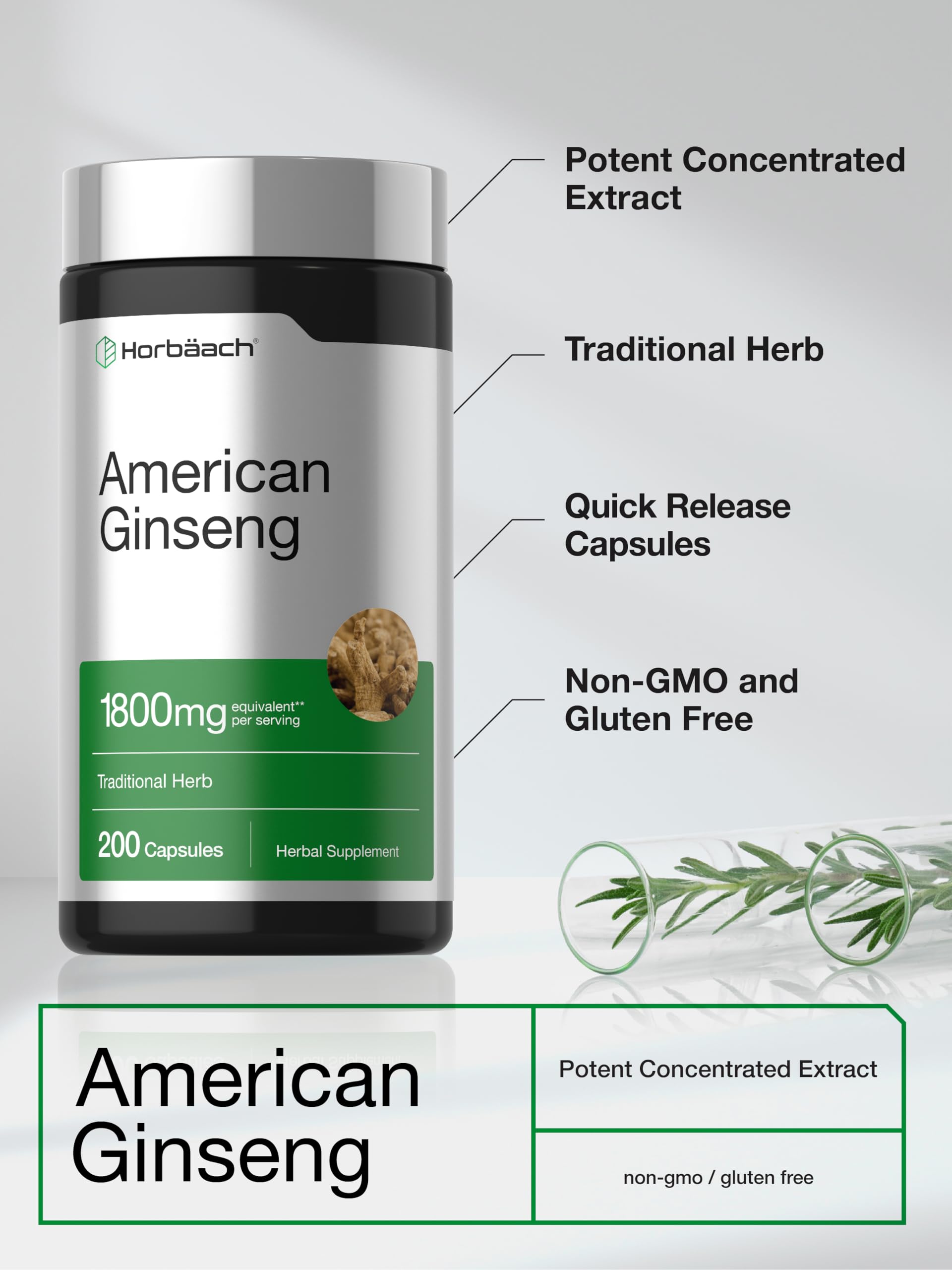 Horbäach American Ginseng Capsules | 200 Pills | Panax Quinquefolius Root — Amazon image 4