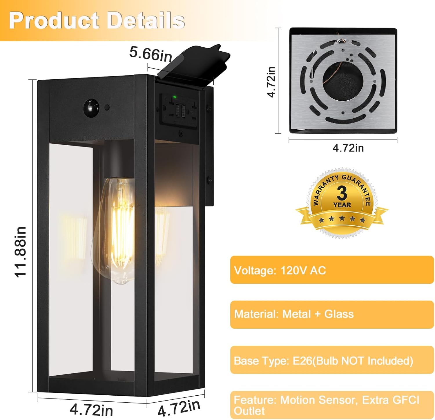 2 Pack Porch Lights with GFCI Outlet, Dusk to Dawn Motion Sensor Outdoor Lights, 2 Lighting Modes Waterproof Anti-Rust Wall Sconce Lantern, Outside Light for House, Black