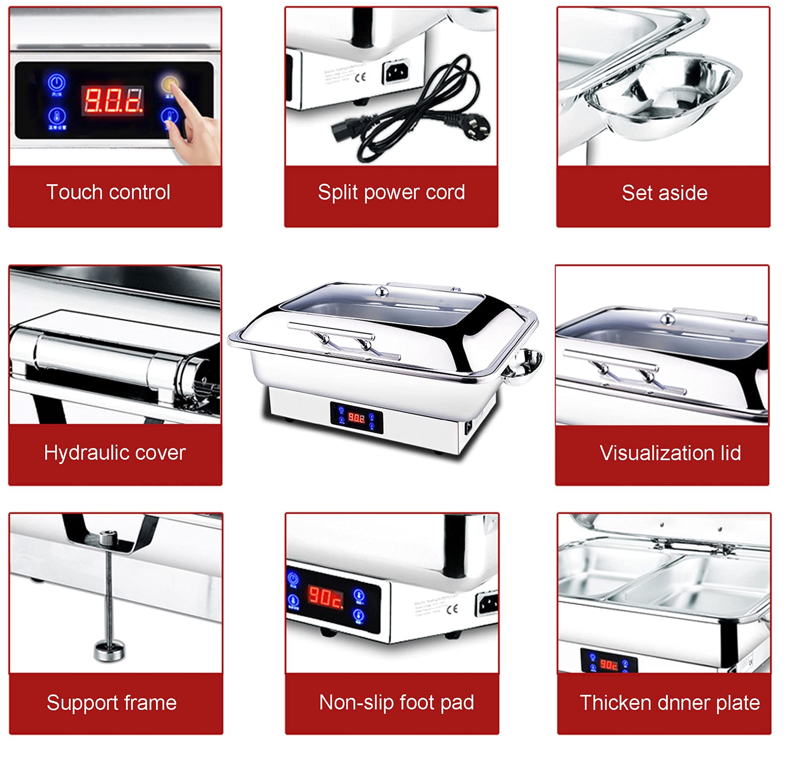 Calentador de Buffet, Calientaplatos Eléctrico para Buffet para Mantenga Comida Caliente, Calentadores de Comida y de Platos para Bufé con Pantalla Táctil, 9L 13L Servidor de Buffet Chafing Dish