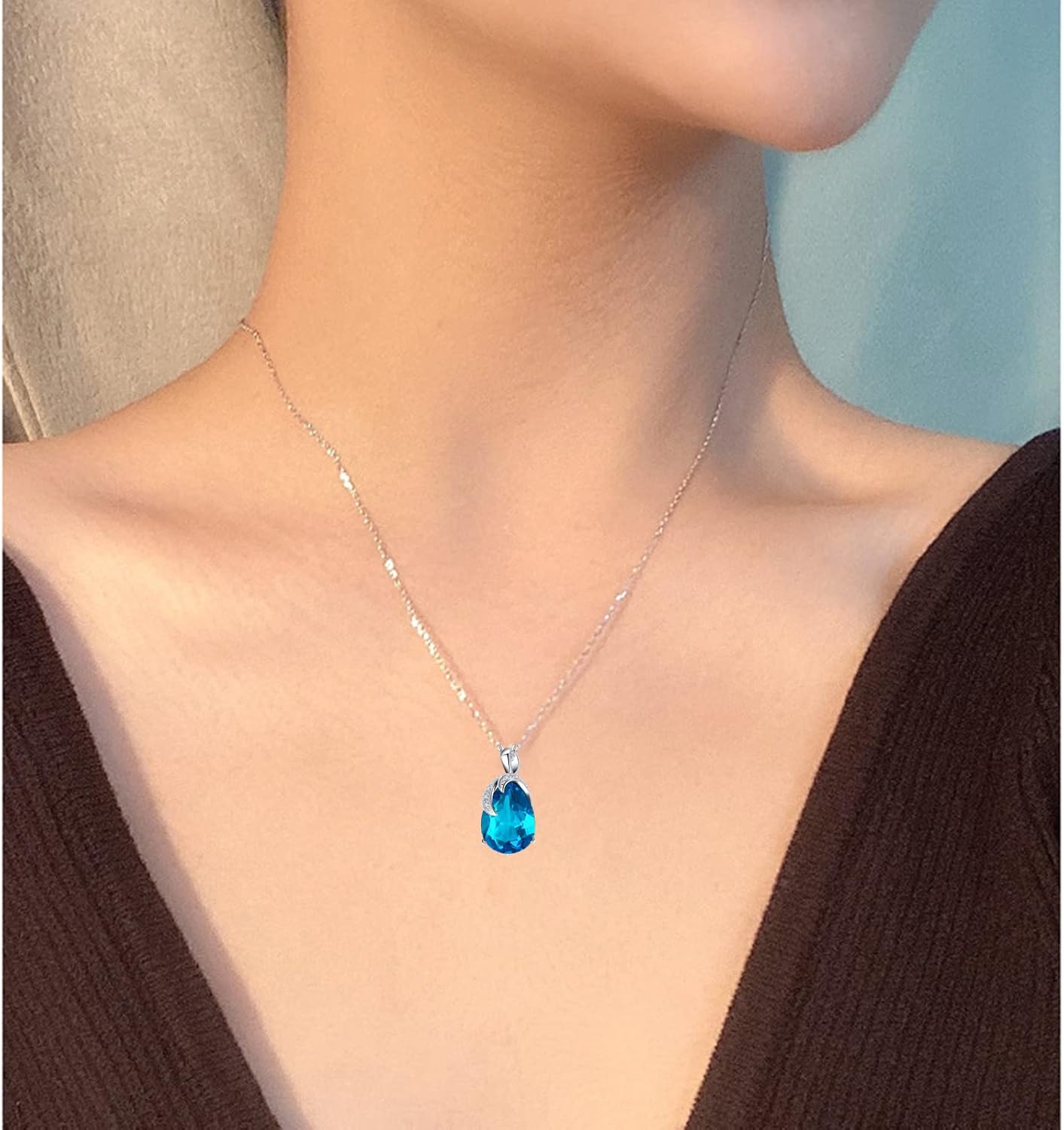 VONSSY Classic Oval Pendant Gemstone Necklace | Crystal Ruby Waterdrop Birthstone Emerald Necklace | 18K Platinum Gold Plated Chain | Jewelry Gift for Mother Wife Girlfriend - Image 2