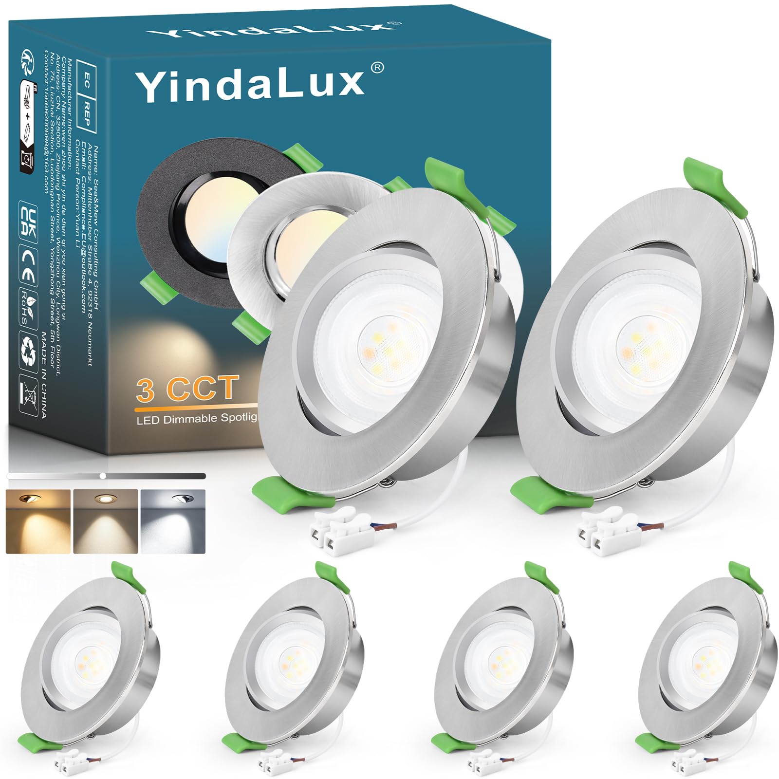 YindaLux Faretti da incasso 230V 5W Dimmerabile 2700K 4000K 6000K, Girevole a 45°, GU10 Faretti led soffitto Nichel, Diametro Foro Ø68-80mm, IP44 Faretto led da incasso per cartongesso, Set di 6