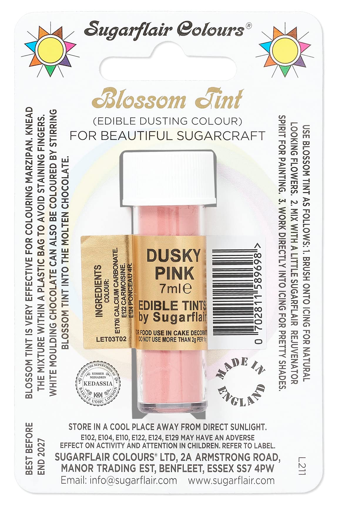 Sugarflair Blossom Tint Dusky Pink Food Colouring and Dusting Powder, Matt Finish, Brush On or Mix with Rejuvenator Spirit to Create a One of A Kind Cake - 7ml