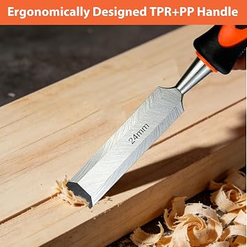 5 Pcs Wood Chisel Sets (6, 10, 12, 18 & 24mm), Professional Woodworking Tools with Gloves, Wood Carving Chisels Cr-V Bevel Edge Chisels with Steel Strike Caps