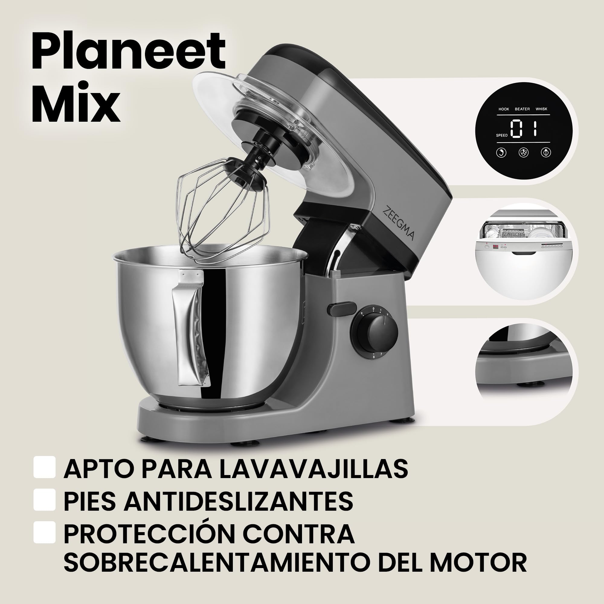ZEEGMA Planeet MIX - Amasadora (1800 W, robot multifuncional con cuenco de 5 L, con asa y tapa, 8 velocidades, incluye panel táctil de 3 piezas) (Red)