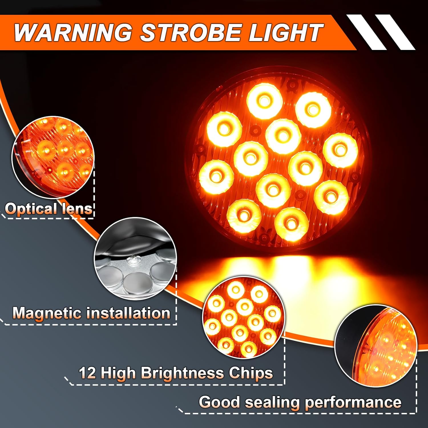 GZLDNAmber Magnetic 12-LED Emergency Warning Lights 2PCS, Rechargeable Flashing Hazard Beacon Lights with Yellow Lens for Trucks, Cars, Roadside Safety, Trailer, RV