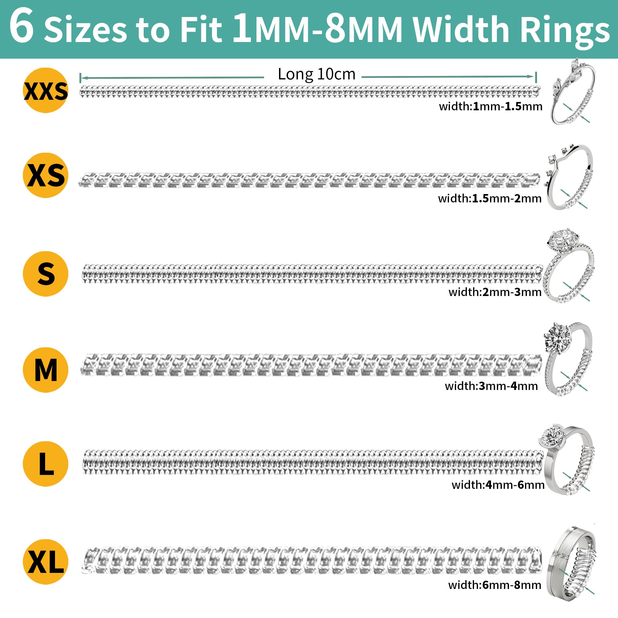 Ajusteur de taille de bague pour bagues lâches, Kueroami Ajusteur de bague avec protège-bagues, 6 tailles Ajusteur redimensionnable et serrant pour bagues, largeur de 1 à 8 mm, réduit les espaceurs de