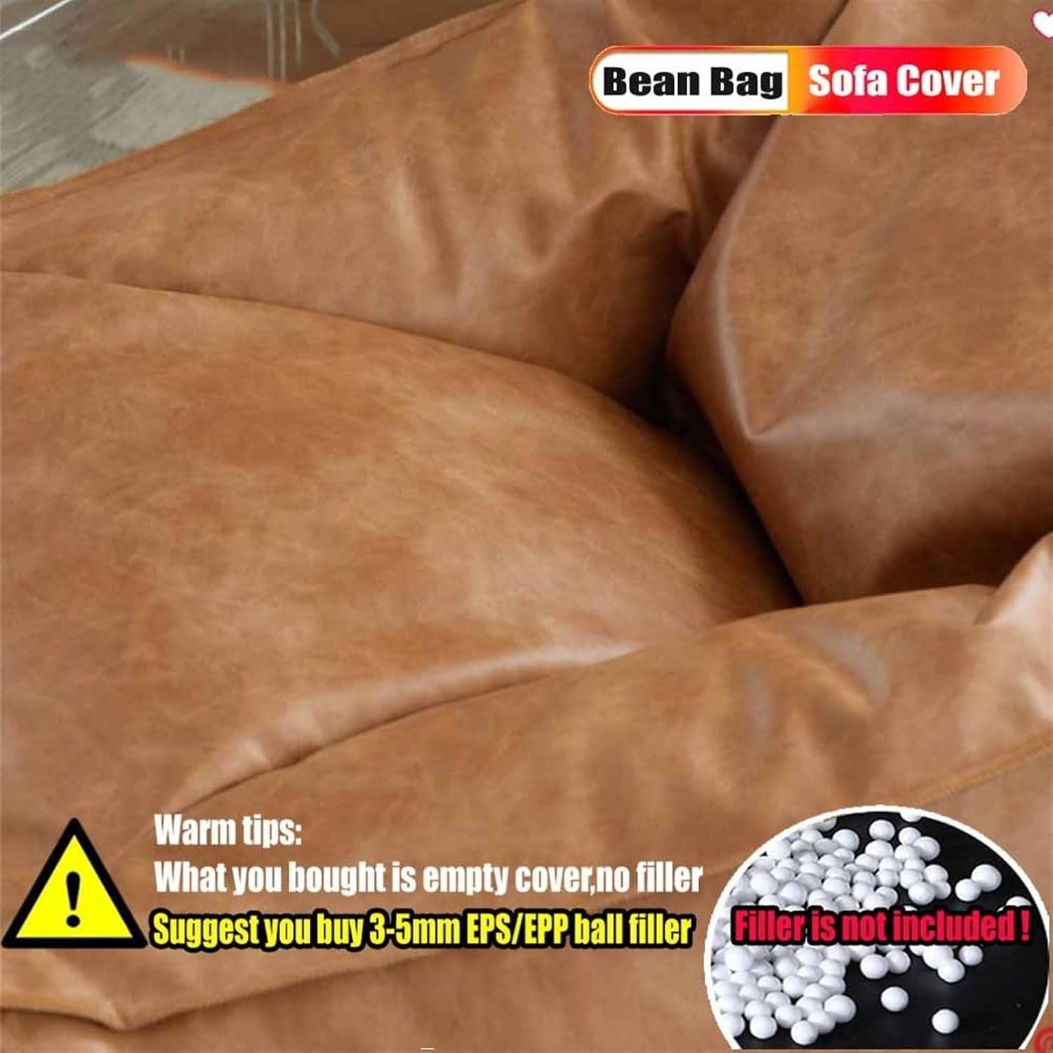 Bean Bag Chair （Without Filler） Luxury Leather Bean Bag Cover Beanbag Couch Pouf Sofa Case Adults Beanbag Chair Lazy Armchair Couch for Bedroom Living Room(Light Brown) image 3