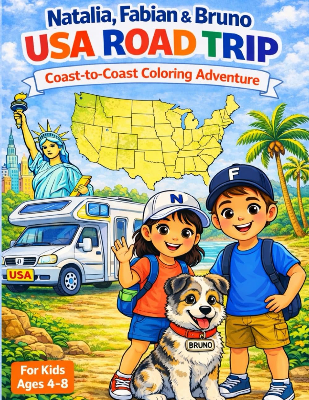 Natalia, Fabian & Bruno: USA Road Trip: Coast-to-Coast Coloring Adventure for Kids Ages 4–8 Fun Travel Coloring Book with Games, Maze, Quiz and Certificate