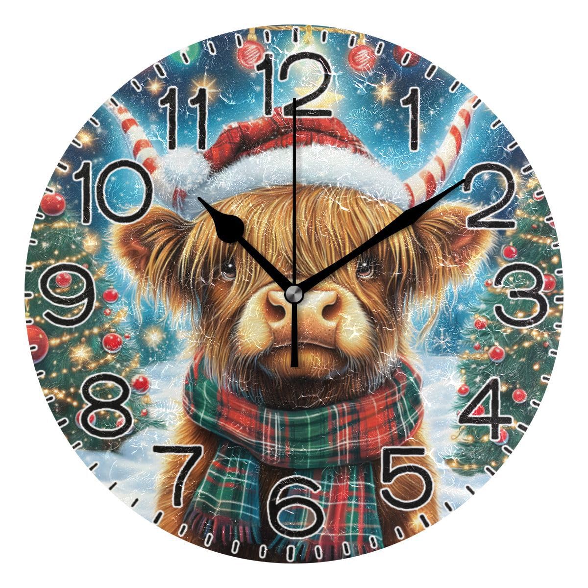 Horloge murale vache Highland analogique sans tic-tac et pendule ronde rustique