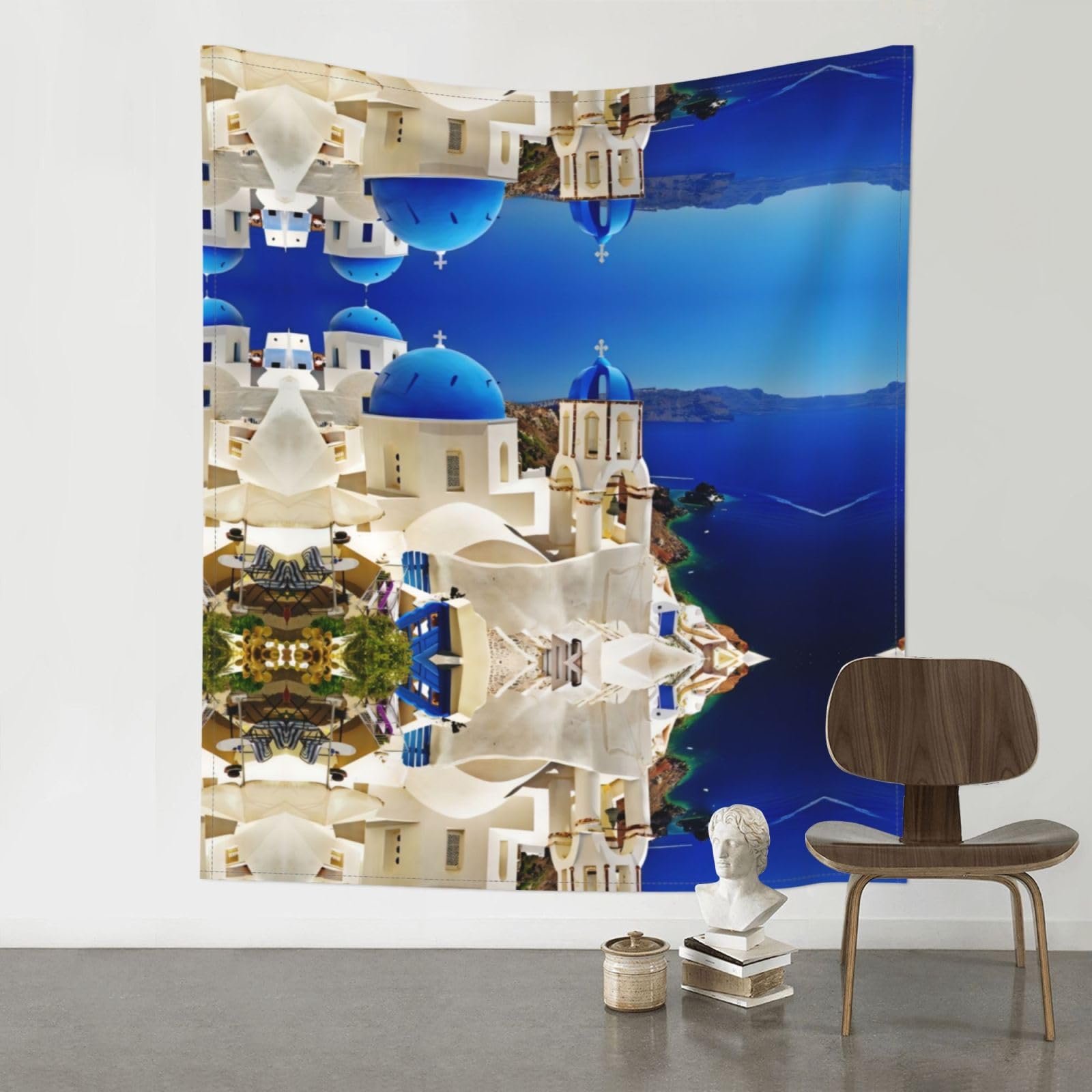 WHJSSF Santorini Greek Island Sea View Prints 60x51in Wall Tapestry Bohemian Throw Blanket Dorm Decor Beach Picnic Cover