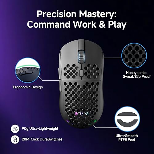 Miniatura 6 de DIERYA M1 - Mouse inalámbrico para juegos, 24000 DPI, batería de 180 horas, 16.8 M RGB, 6 botones programables, ligero, trimodo (2.4GBT5.2USB-C)