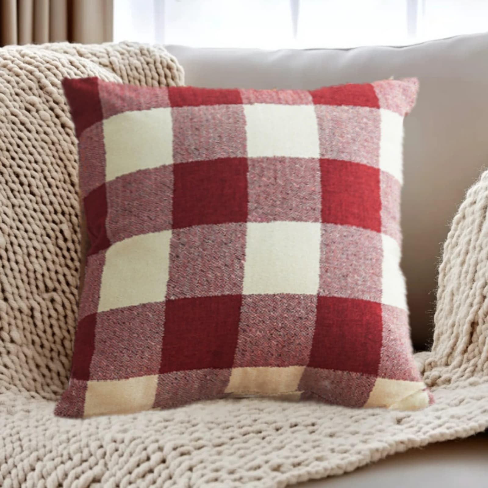 Cushion Covers 40cm x 40cm Red Grid Sofa Cushion Cover Linen with Invisible Zippers,Throw Pillow Covers for Bedroom Home Decor