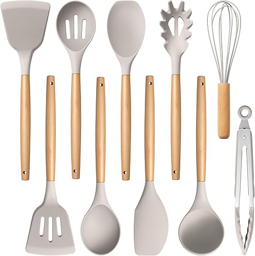 E-far Juego de utensilios de cocina de silicona, 10 piezas resistentes al calor con mango de madera para utensilios de cocina antiadherentes,
