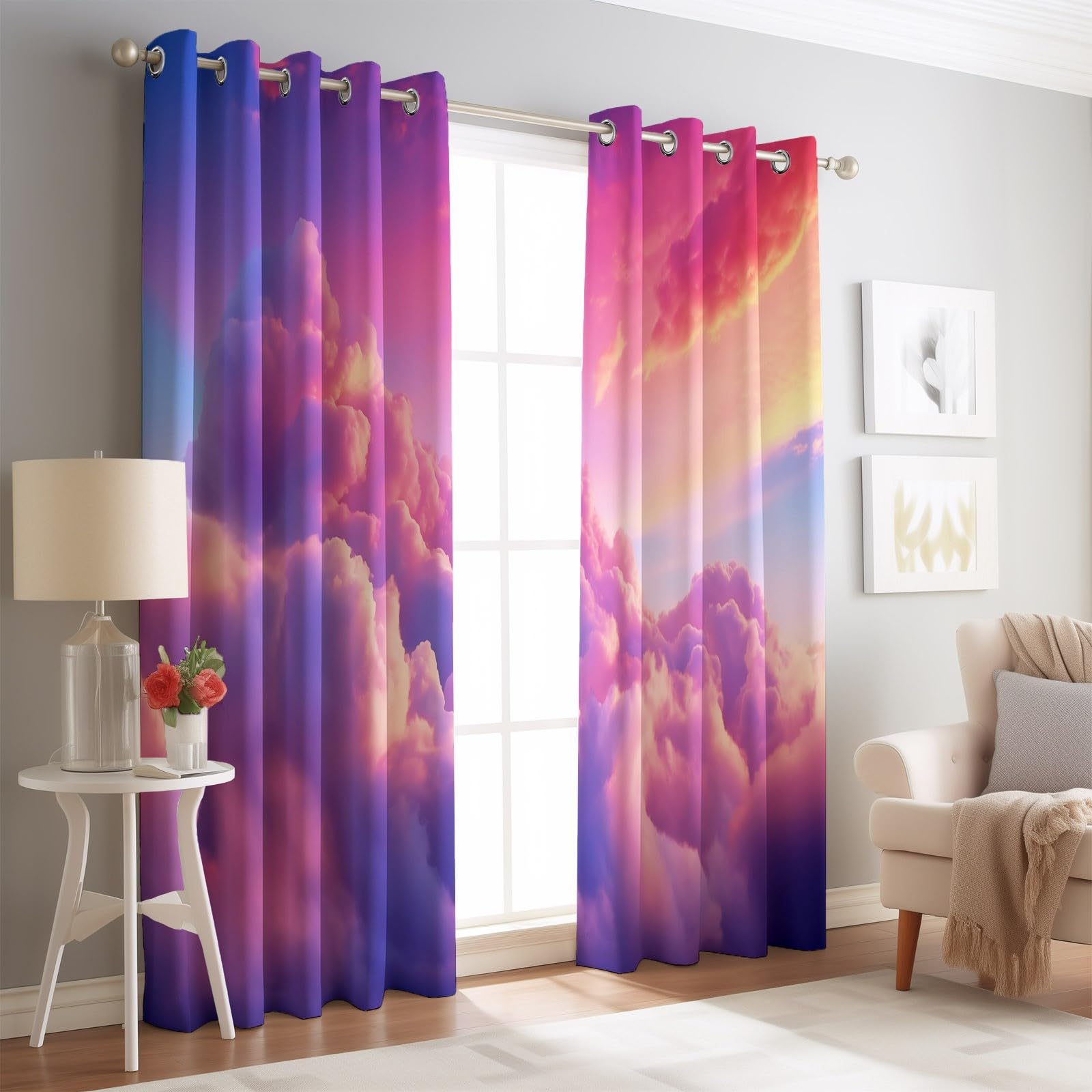 Rideaux Longs 140L X 260H cm (2 Panneaux), Nuages De Rêve Imprimé, Tissu Occultant Épais pour Grand Salon et Loft, Rose Violet