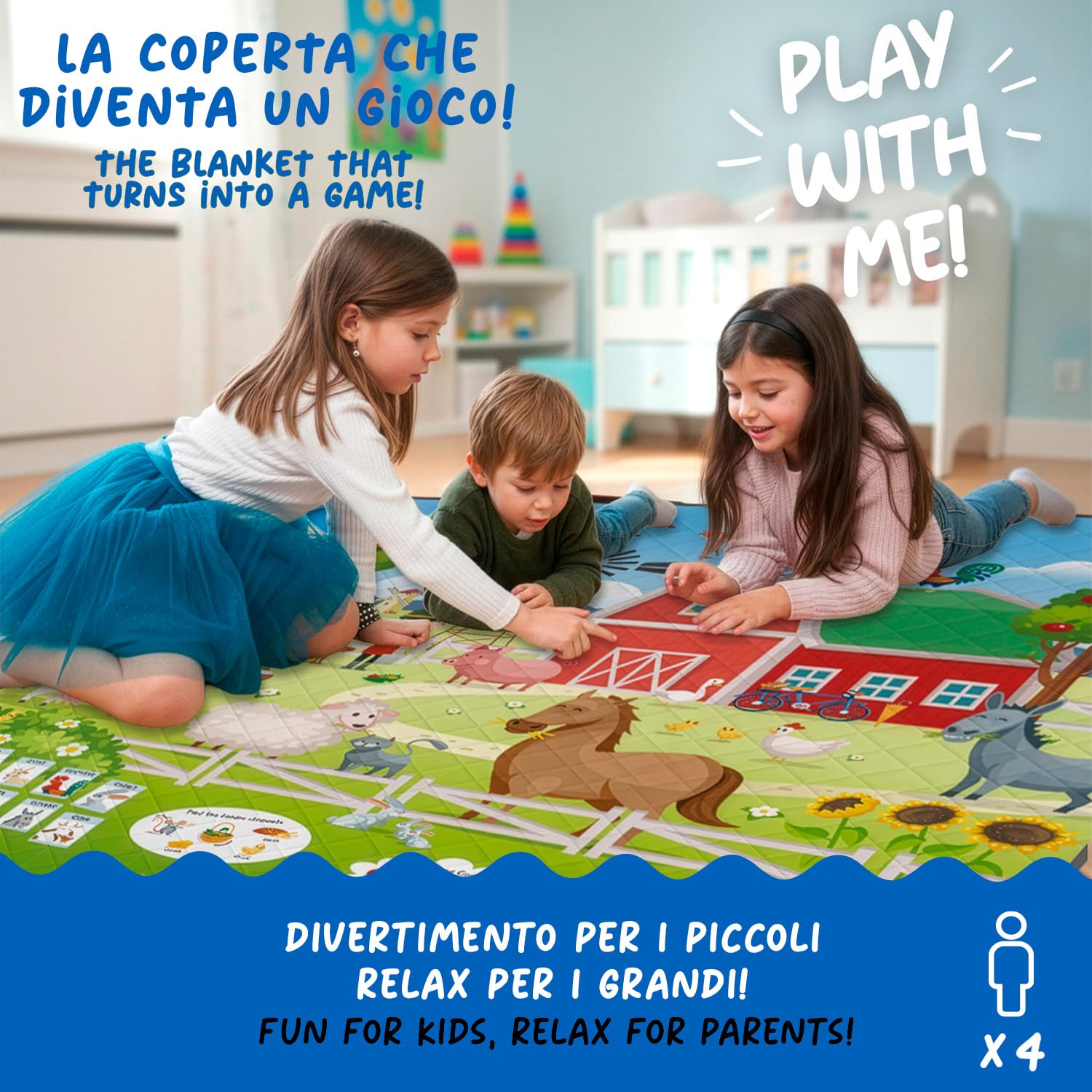 PERLETTI Manta Picnic Impermeable para Niño 150x150 - Manta Camping Picnic Blanket para Playa Parque Jardín Senderismo - Alfombra para Exterior Niños Plegable Portátil Multifunción (Granja, 200x200)