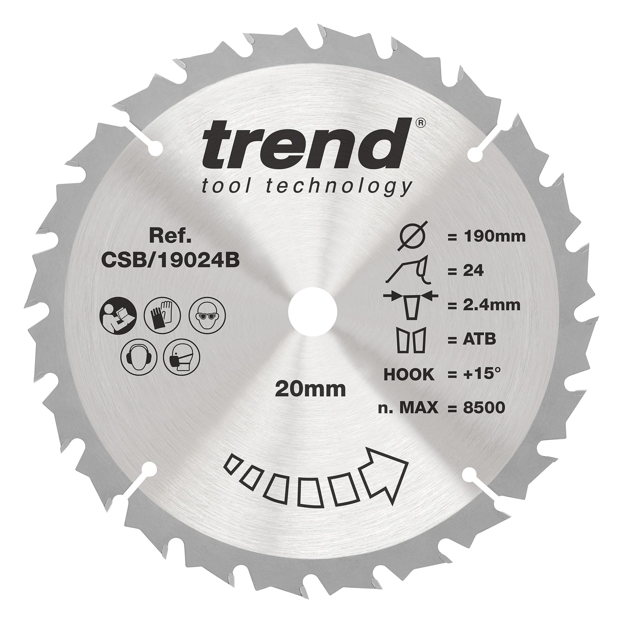 Trend Wood Circular Saw Blade, 190mm Diameter, 20mm Bore, 24 Teeth, 2.4mm Kerf, +15° Hook, TCT, Medium Finish, CSB/19024B