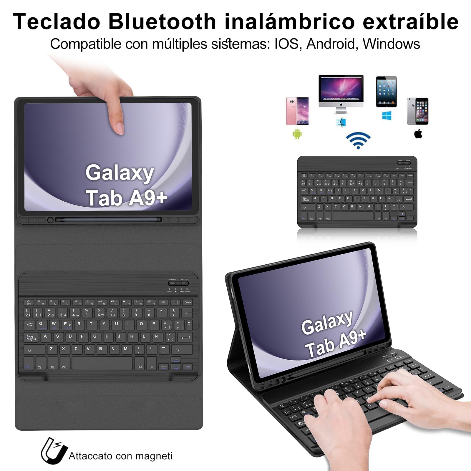 IVEOPPE Teclado Samsung Galaxy Tab A9 Plus 11 Pulgadas 2023, Funda Teclado Español Ñ Bluetooth Desmontable para Samsung Galaxy A9+ (SM-X210/X216/X218), Negro