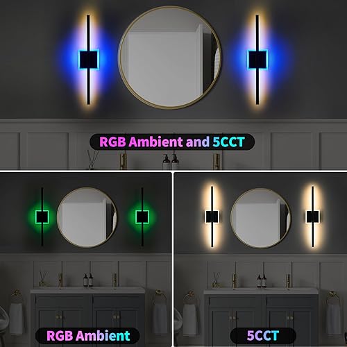 Miniatura 5 de Lámparas de tocador de baño sobre el espejo, modernas luces LED ajustables de 5CCT con iluminación ambiental RGB, barra negra de 24 pulgadas,