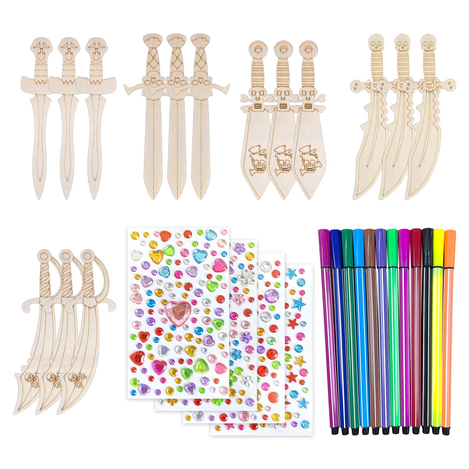 GDFHBD 15 Pieces Of Pirate Sword Coloring Set, Including 12 Pieces Of Brushes And 4 Pieces Of Stickers, Children'S Diy Wooden Swords, Handmade Graffiti Toys, Pirate Theme Party Decoration.